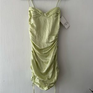 Zara satin silk ruched draw string green mini dress